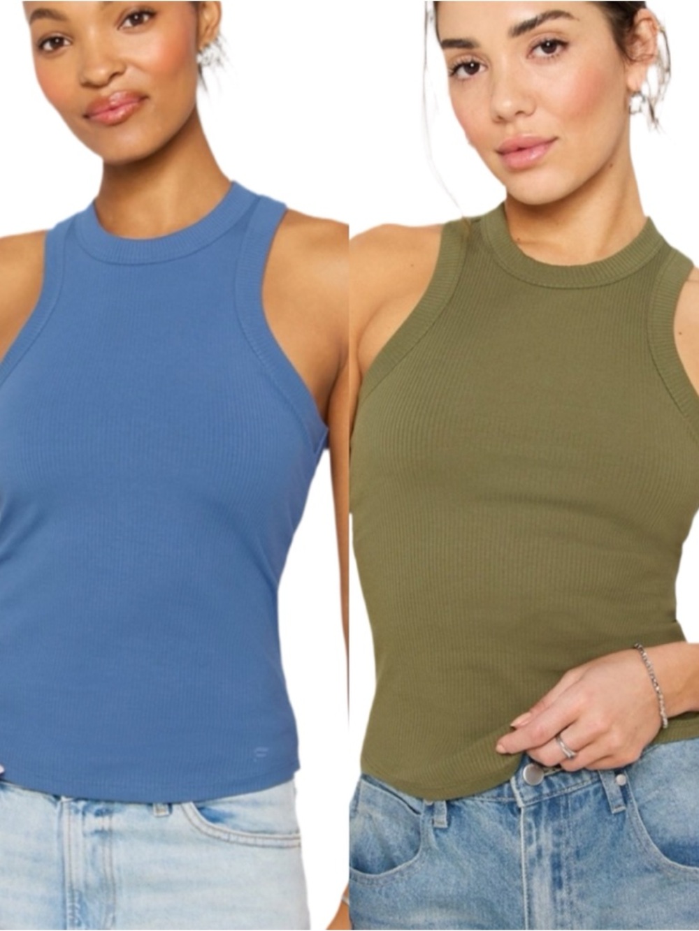 NWOT Fabletics ribbed bra tank tops - Blue and Olive set of 2 size small new